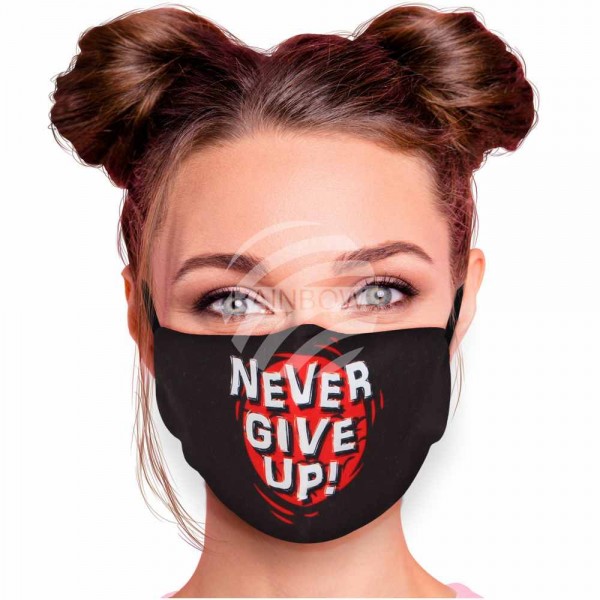 Verstellbare Stoffmaske Atemmaske Mund und Nasenbedeckung Schwarz mit Motiv Never Give Up__________